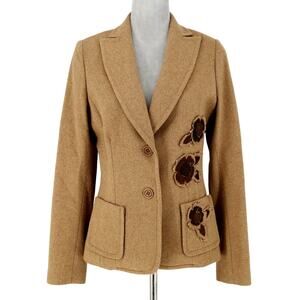 Philippe Adec Jacket Womens 6 Beige Herringbone Floral Applique Lined Buttons